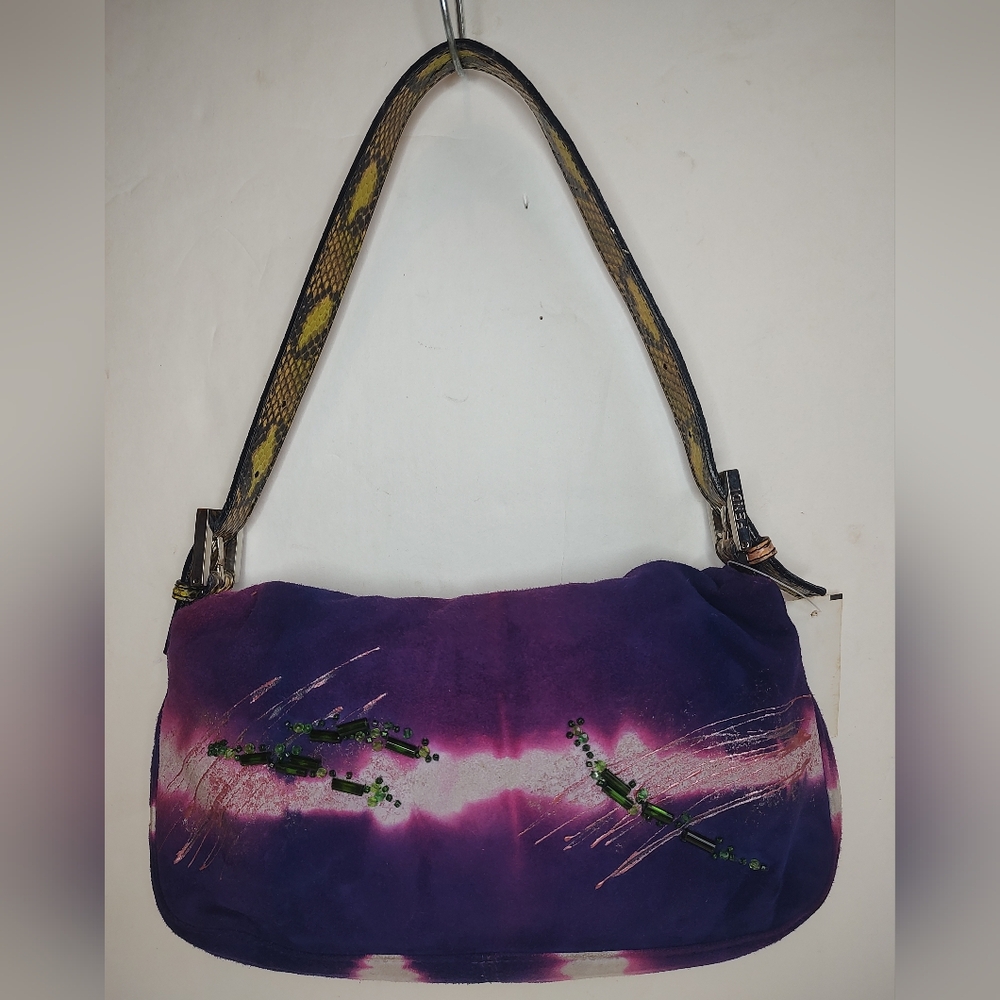Fendi Suede Baguette Shoulder Bag NWT Beaded Python Flap Handbag Clutch Purple - Picture 10 of 16